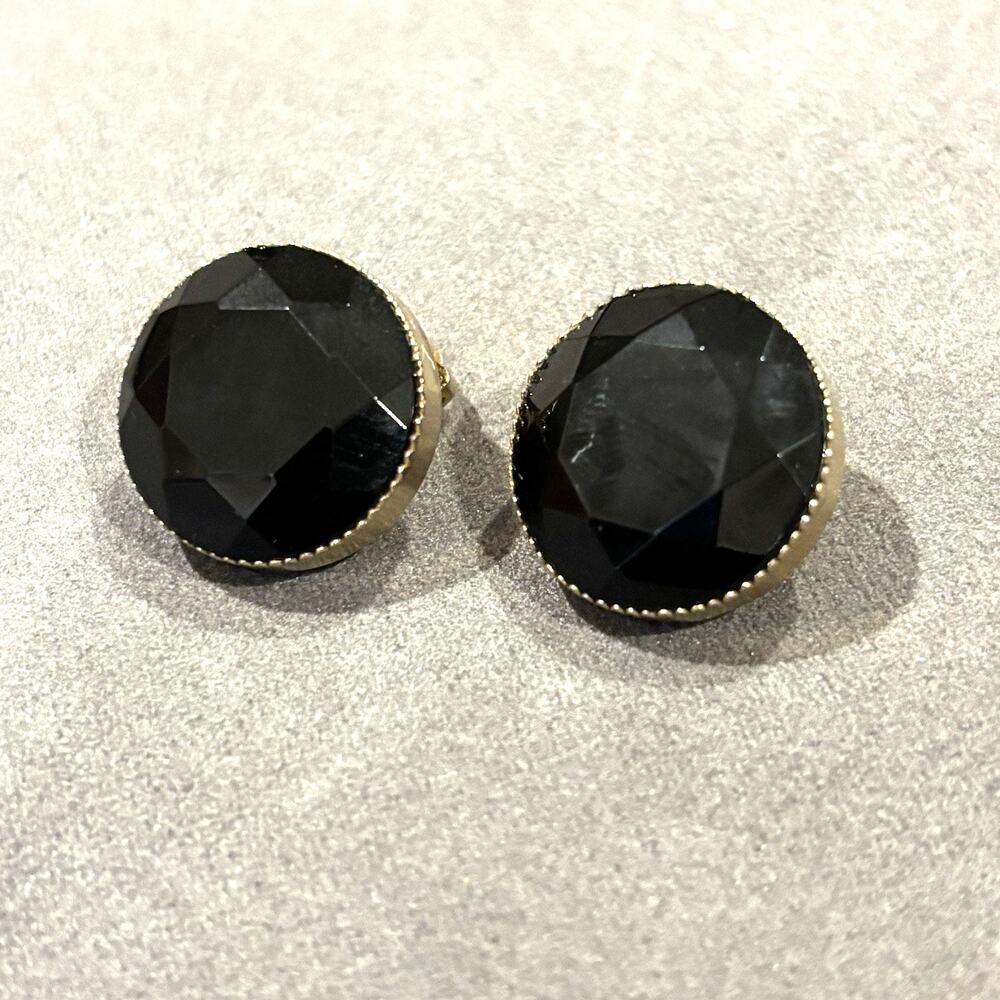 Vintage Lewis Segal California Black Faceted Glass Gold Tone Clip On Earrings